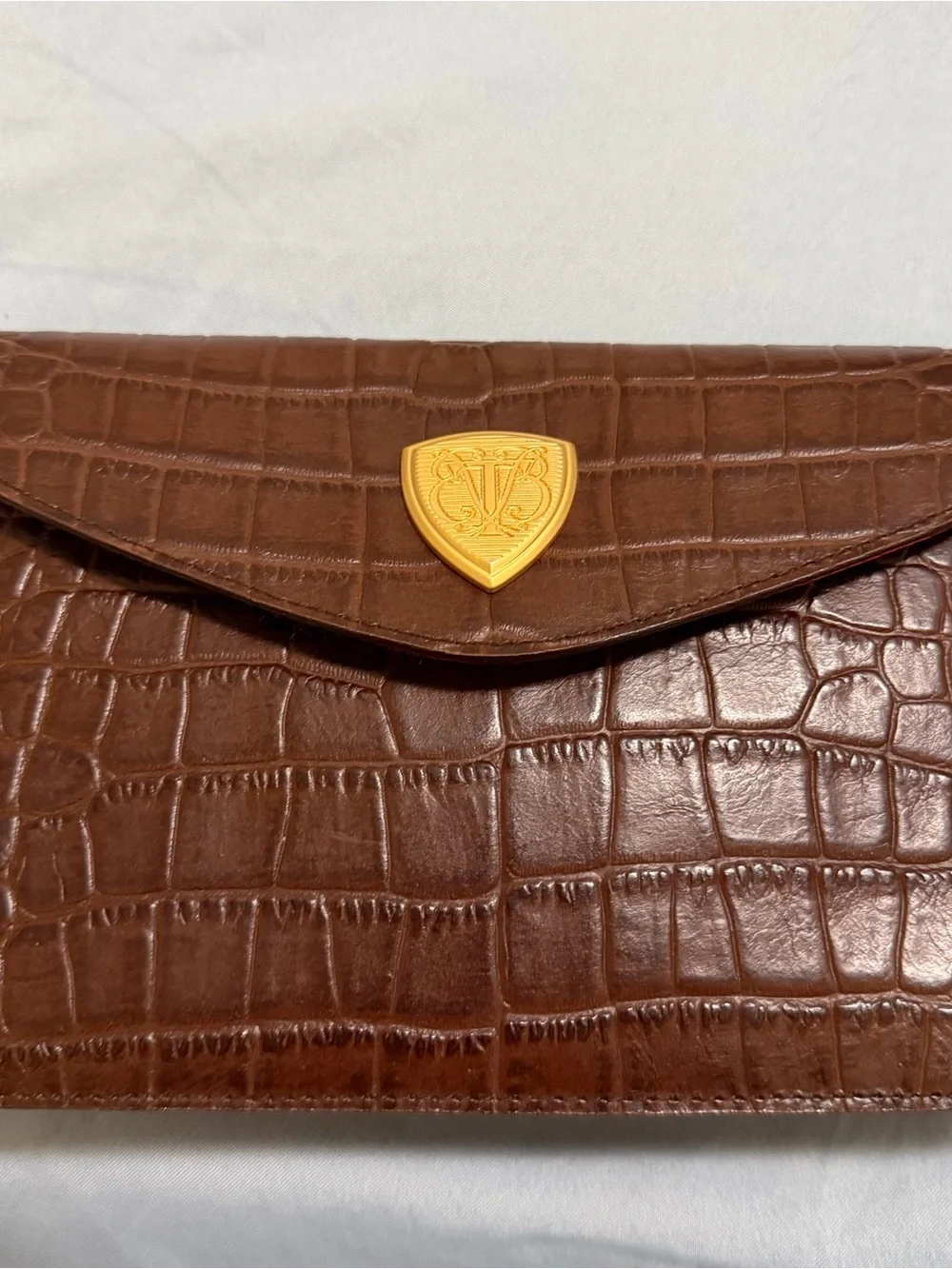 Croc-Embossed Brown Leather Envelope Clutch/Cross Body w/Gold Blaine Trump Logo
